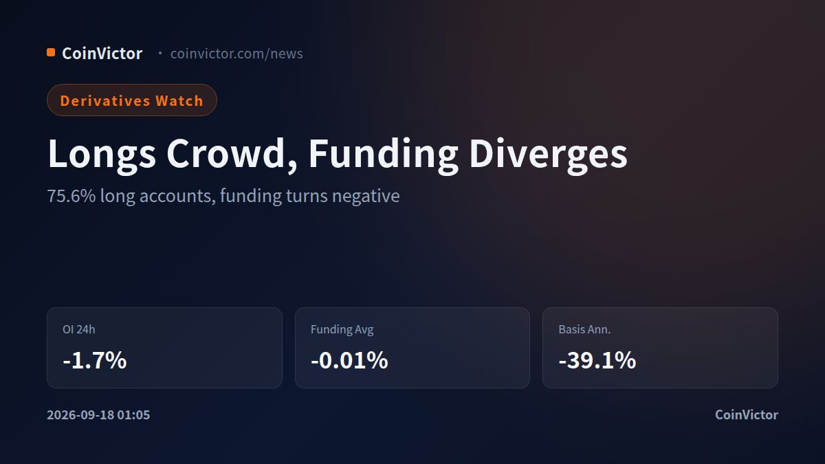 El 75.6% de los traders de XRP está en largo mientras el funding se vuelve negativo y la base cae a