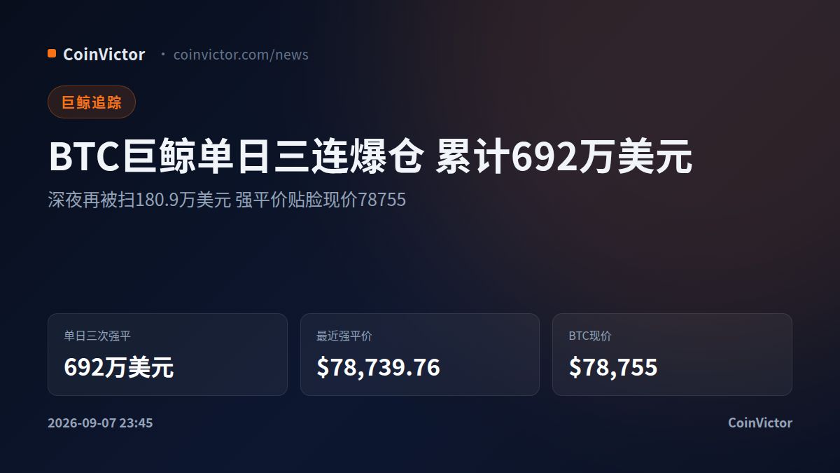 BTC巨鲸单日三连爆仓692万美元 强平价贴脸仍40倍死扛
